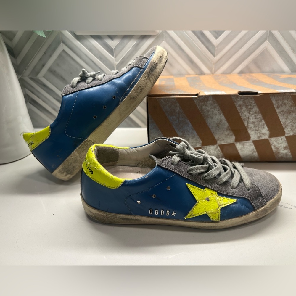 GOLDEN GOOSE SuperStar fluo Sneakers Blue Gray & Yellow Size 6.5 US 37 IT w/ Box
